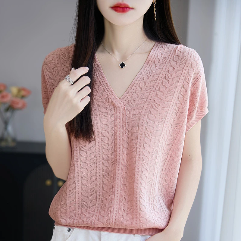 品牌撤柜正品夏季新款V领提花百搭针织衫上衣宽松显瘦薄款T恤女