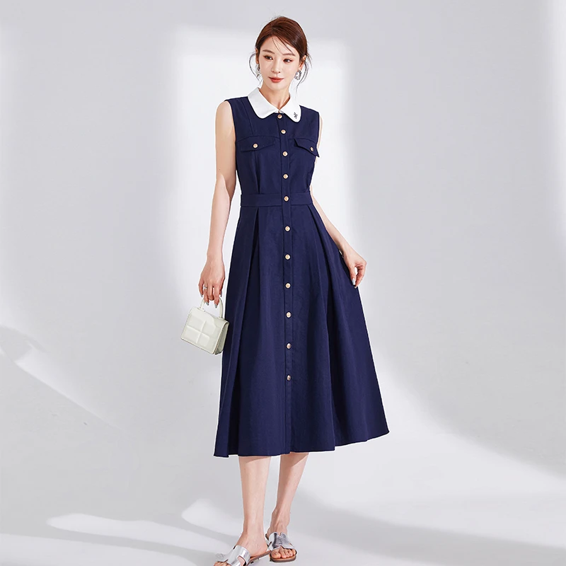 2025夏季新款撞色翻领高腰线收褶中长裙正肩修身显瘦无袖连衣裙女