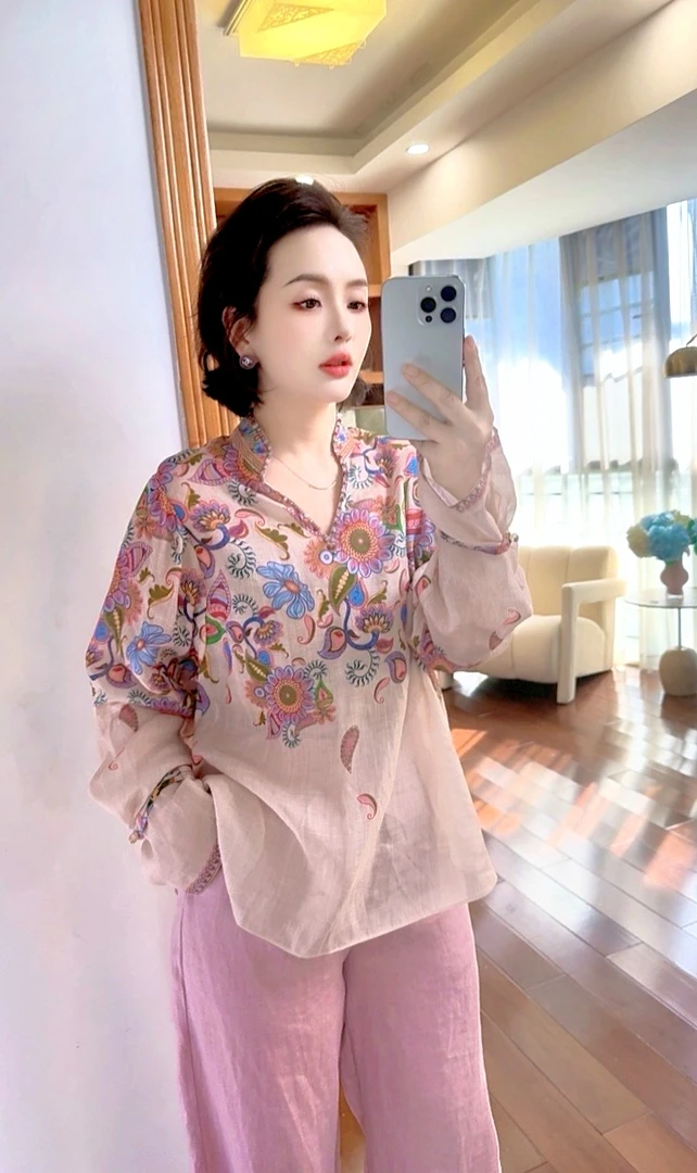 【25196】长袖衬衫秋装女2025年新款设计感洋气减龄上衣苎麻衬衣
