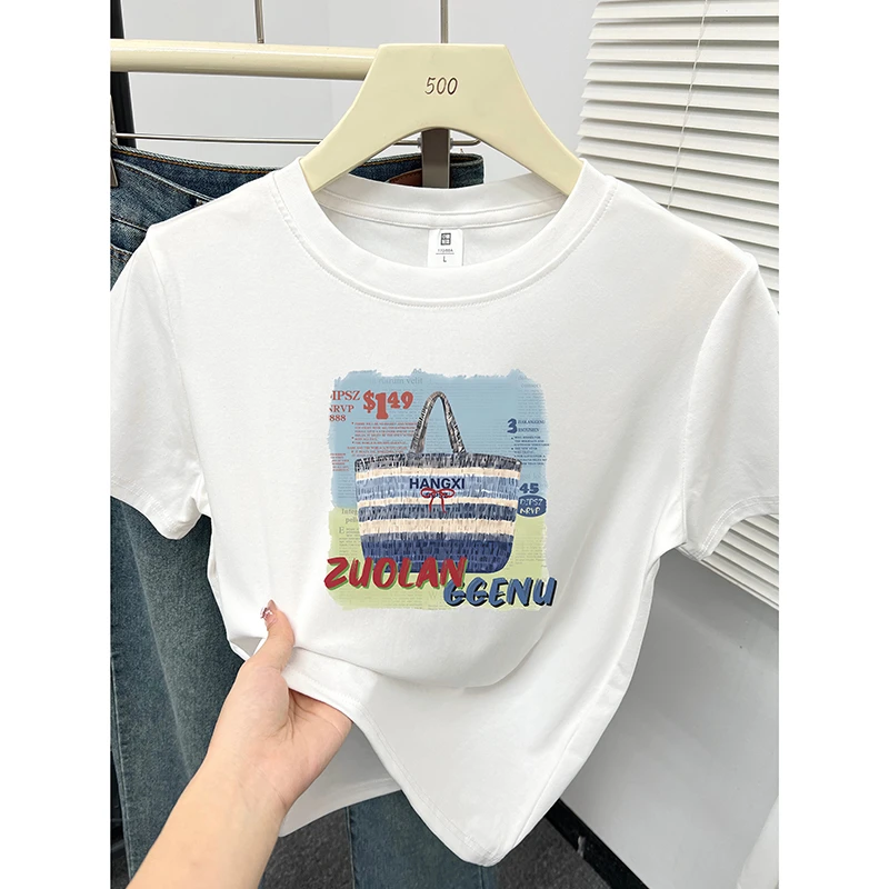 小众正肩圆领短袖t恤女夏季新款韩系时尚个性包包印花显瘦小上衣