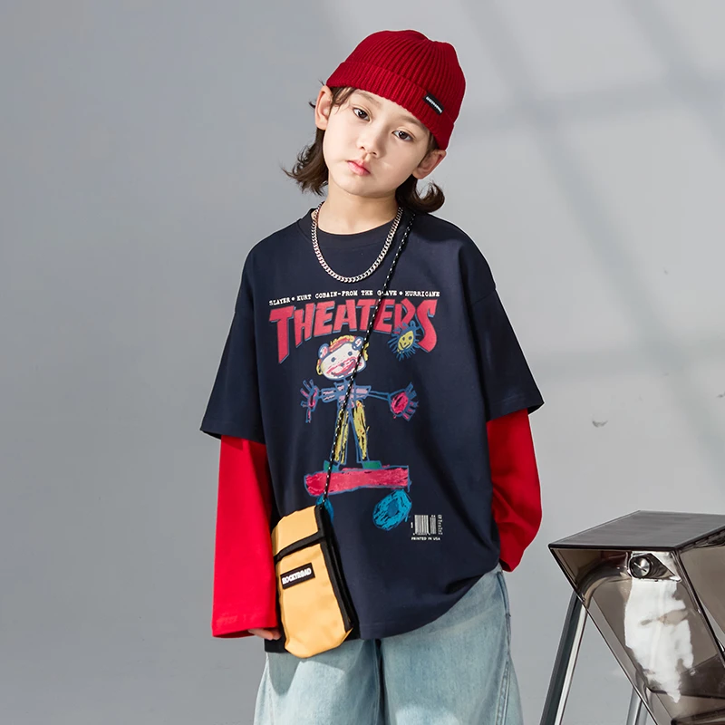 男童春装2025新款上衣涂鸦撞色假两件炸街痞帅长袖T恤 儿童圆领衫