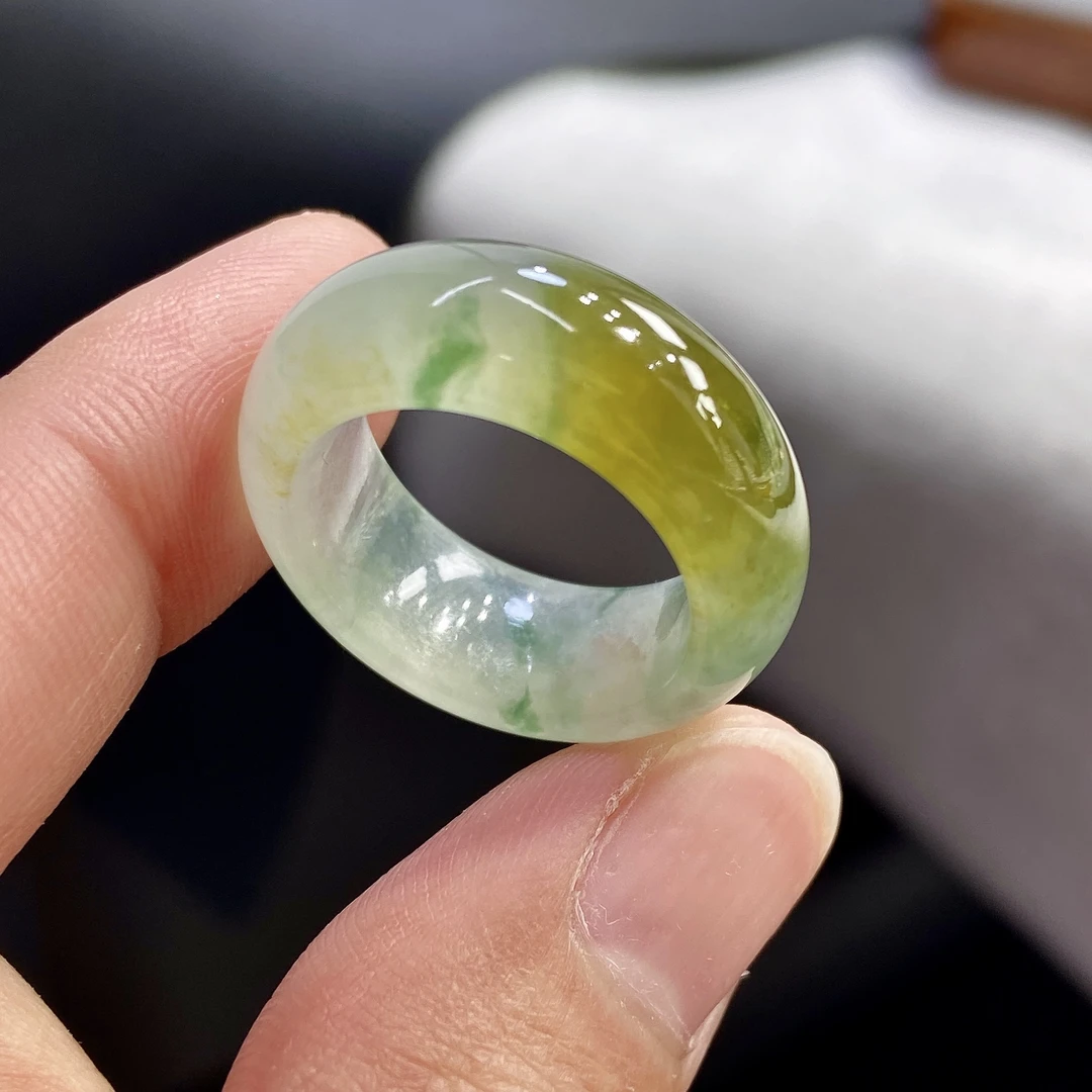 13号天然缅甸A货素圈老坑冰黄加绿翡翠玉戒圈戒指内径16.6mm精美