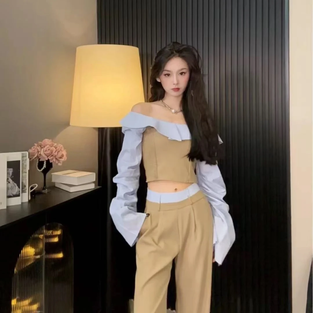 【清No退换】衬衫拼接褶皱抹胸+拼接裤子套装