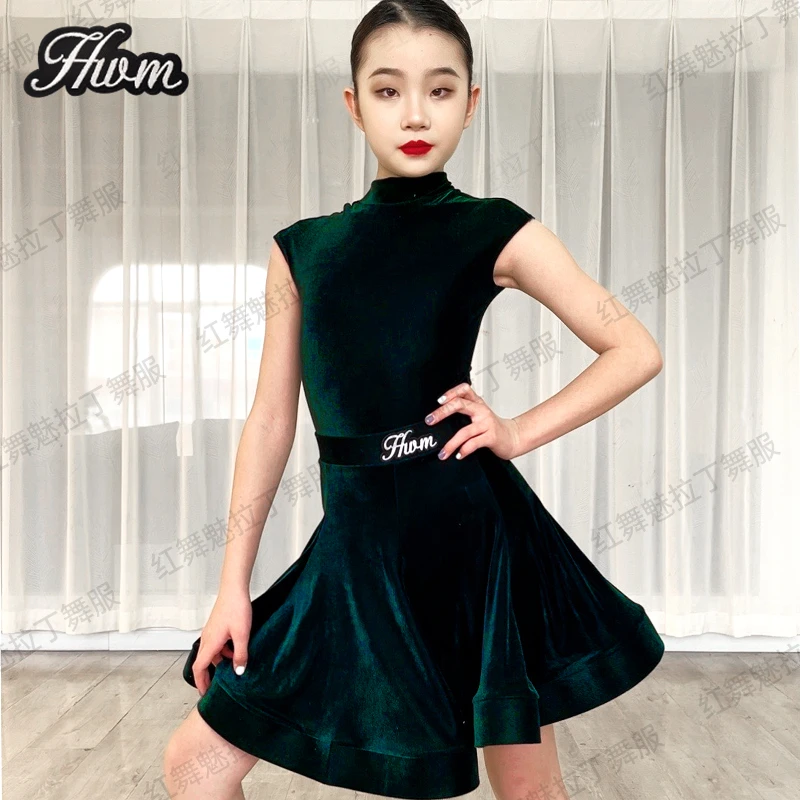 红舞魅拉丁舞比赛服专业丝绒女童拉丁舞标服新款短袖规定比赛舞裙