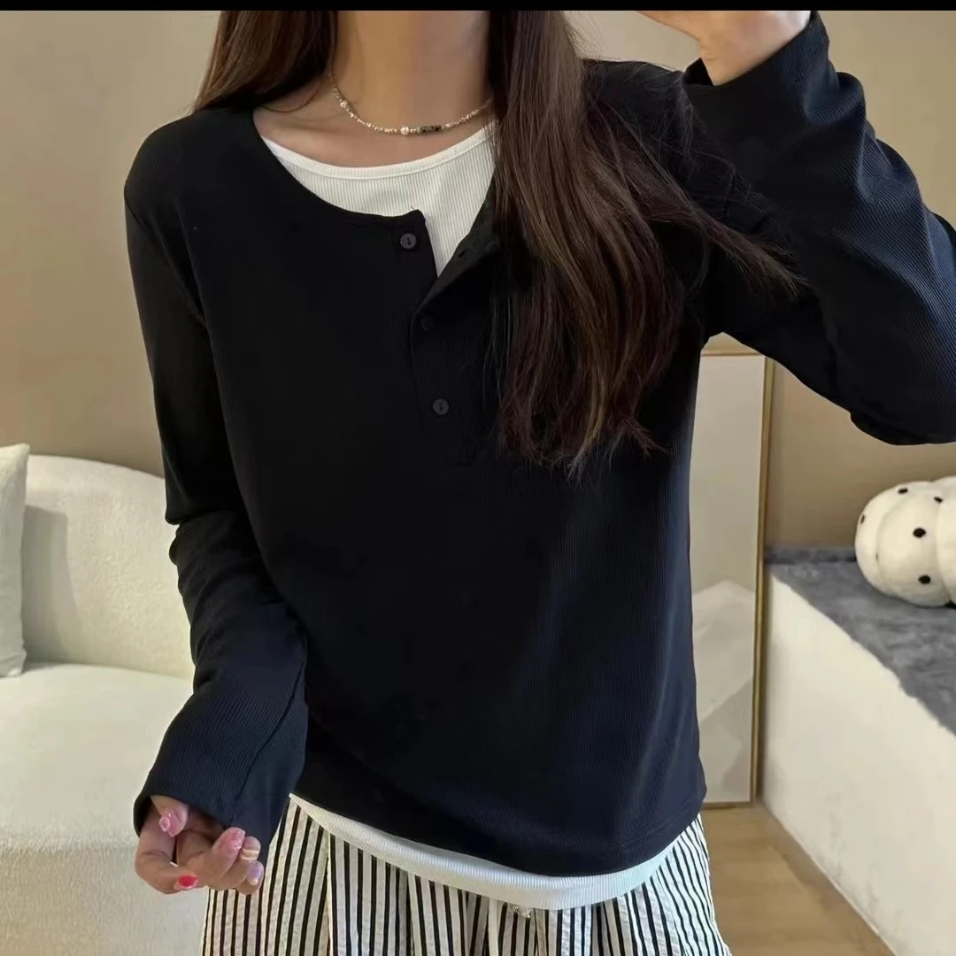 胖MM水 21大码显瘦黑白拼接假两件长袖T恤宽松时尚百搭气质上衣