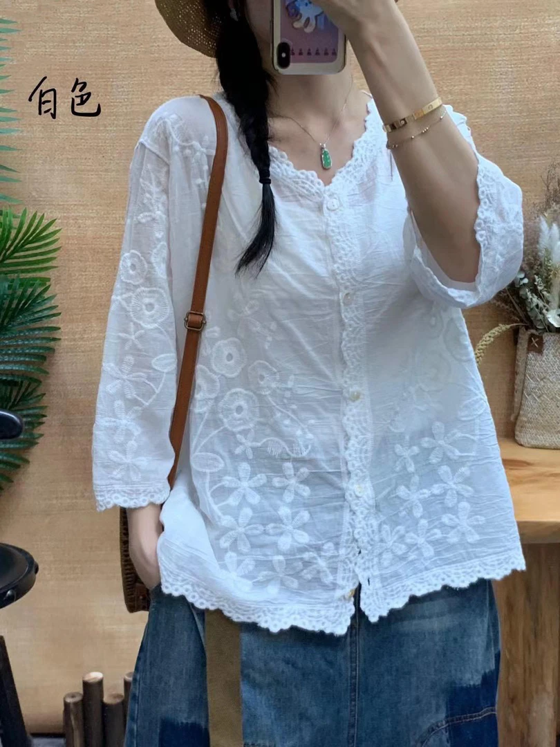 夏季新款防晒勾花镂空宽松显瘦百搭时时尚复古文艺净色小衫