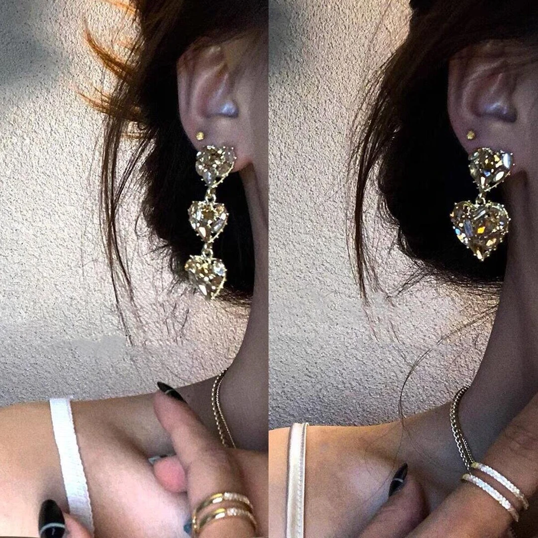 铜合金锆石耳饰 重工爱心耳环2025新款潮夏不对称耳钉感轻奢耳饰