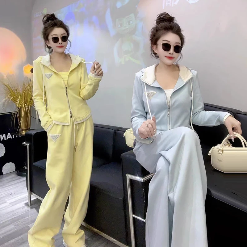 韩版时尚洋气运动服套装女春秋新款连帽开衫卫衣宽松阔腿裤两件套