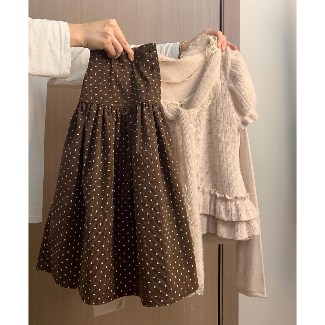 韩系复古漂亮冬装一整套装内搭叠穿打底针织衫咖色波点半裙三件套