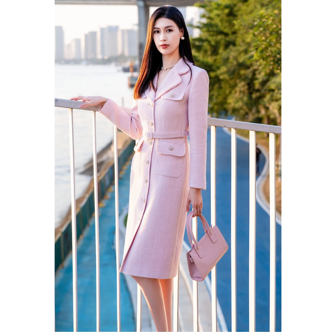 艾尚AS艾尚-安安 樱花粉秋冬连衣裙外套 千金名媛 修身显瘦