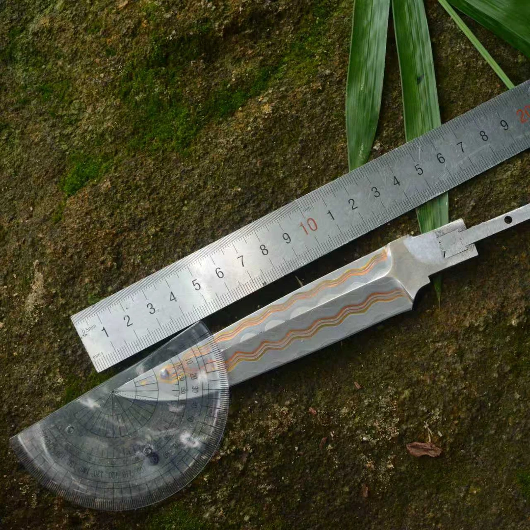 大马士革钢夹三色铜北欧小直刀手工DIY户外刀坯