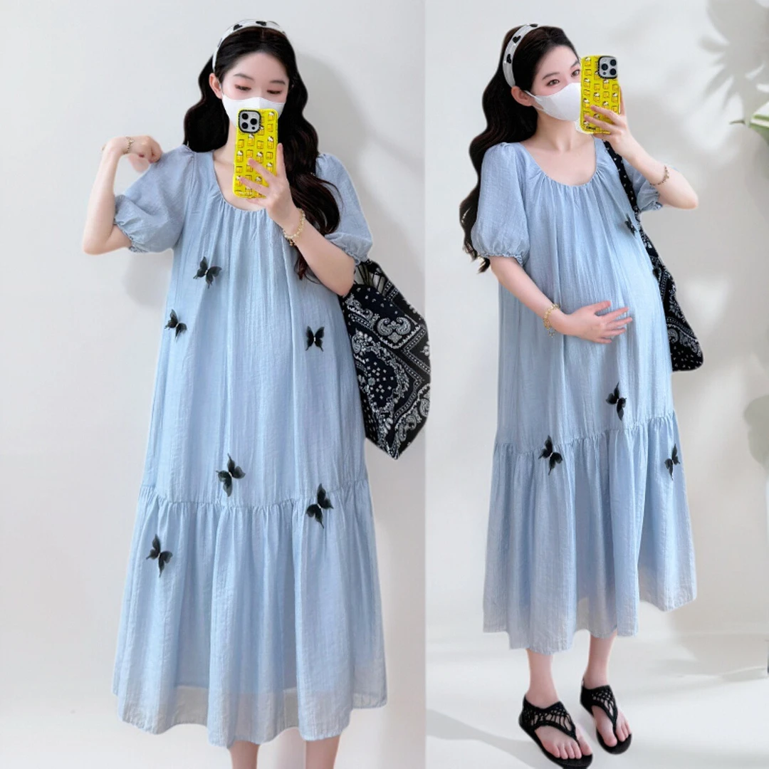 孕妇装2025新款法式蝴蝶泡泡袖连衣裙夏季宽松显瘦气质高级孕妇裙