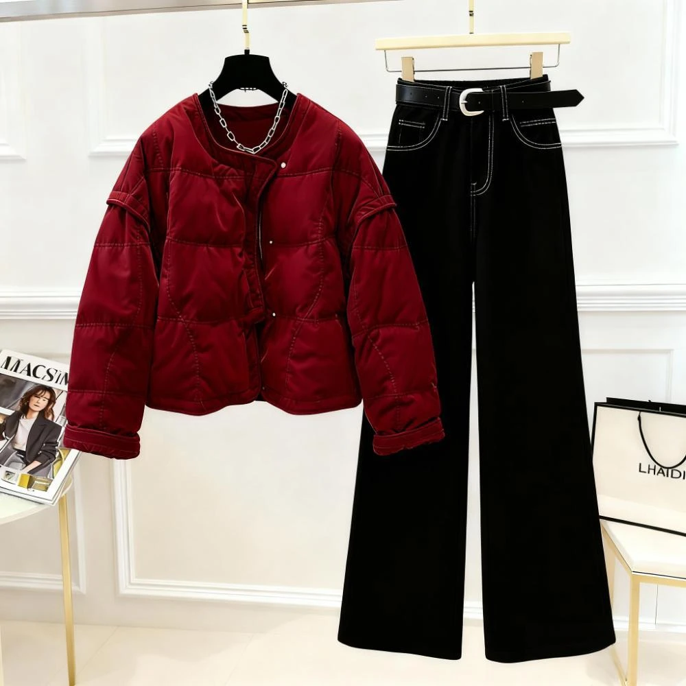 老钱风红色丝绒棉服外套2025冬季新款气质减龄百搭黑色直筒裤套装