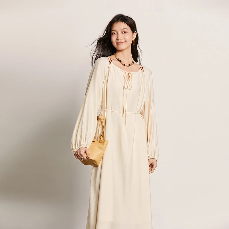 爱客简约长袖连衣裙女温柔风质感显瘦长裙-无腰带YA24330L001