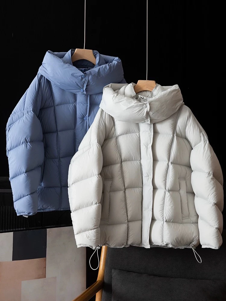 蓬松轻盈面包服放格绗缝固绒防风连帽立领短款羽绒服外套