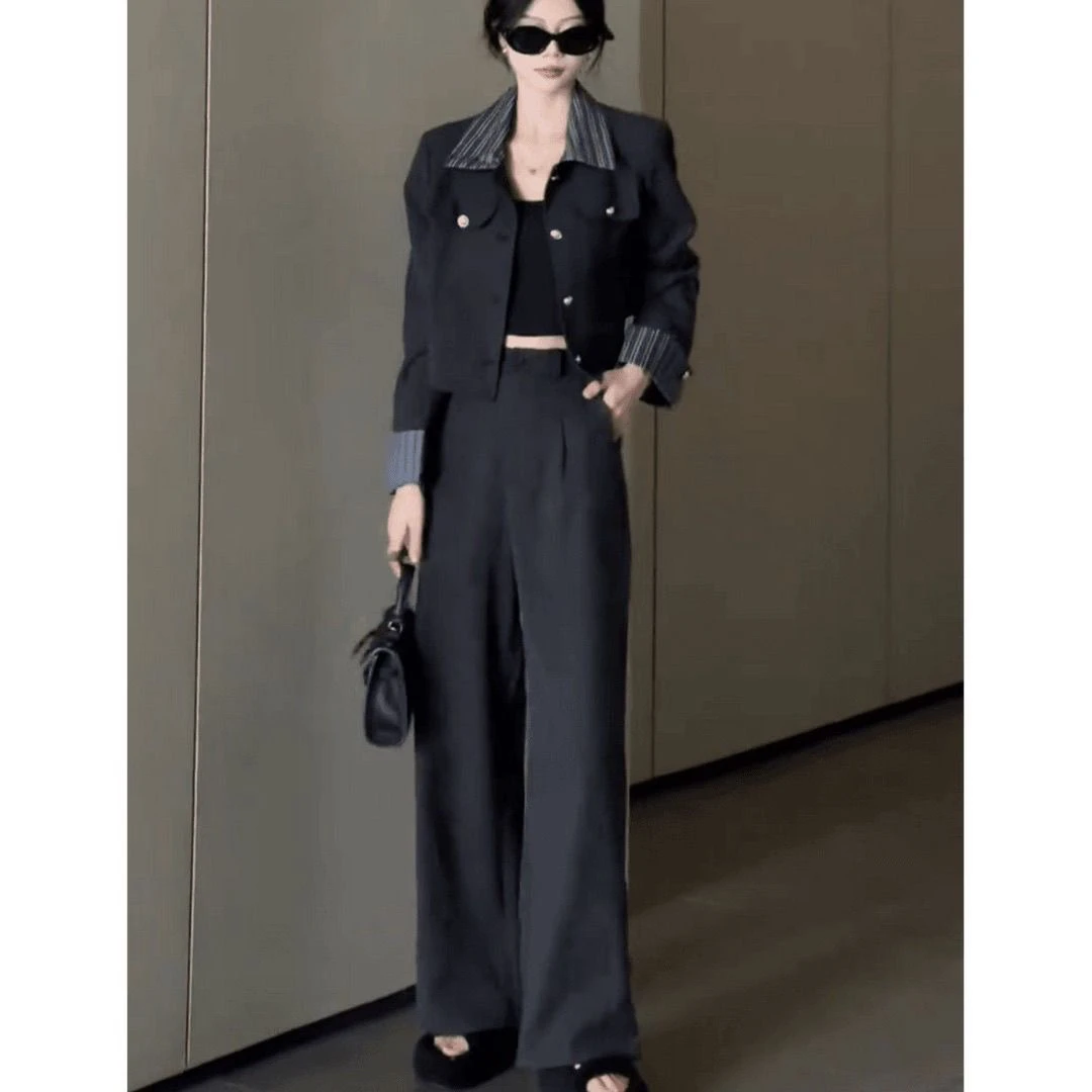 1896时尚小香风休闲显瘦外套阔腿裤两件套女2025春季新款遮肉套装