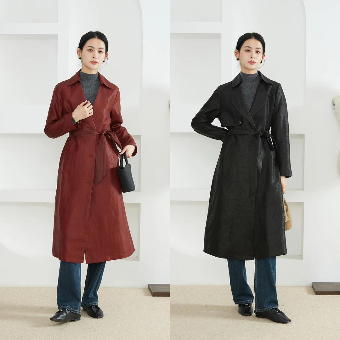 SILVIYE100桑蚕丝真丝龟纹香云龟翻领风衣长款外套女秋WT52281