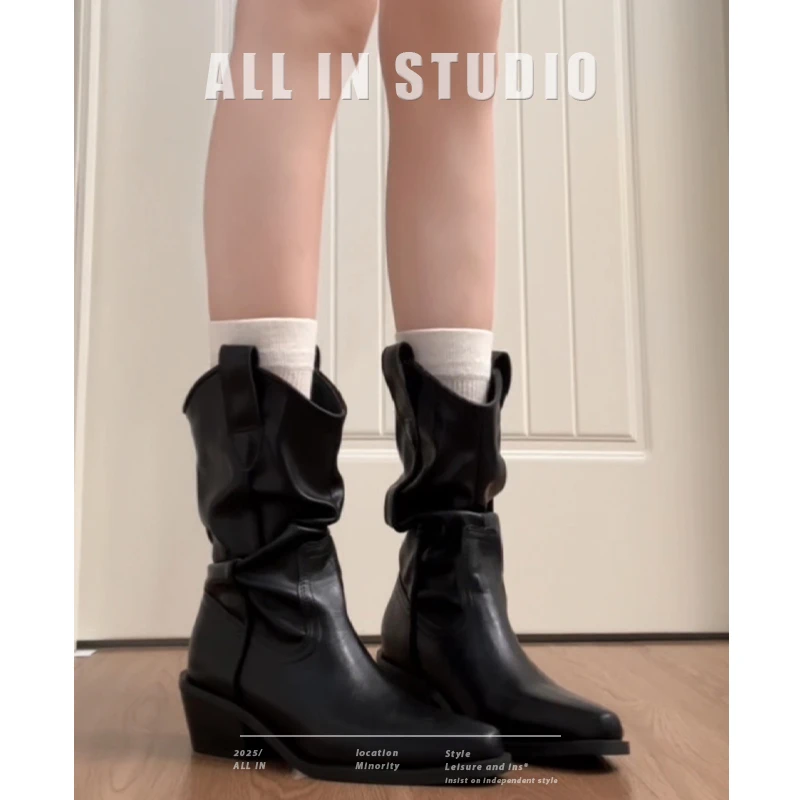 牛皮版~真皮显瘦尖头粗跟短靴女秋冬新款堆堆靴西部牛仔靴马丁靴