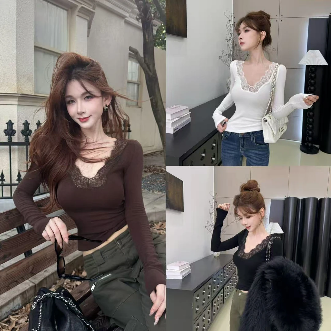 {蕾丝与温柔}胸大腰细！蕾丝领弹力V领秋冬上衣