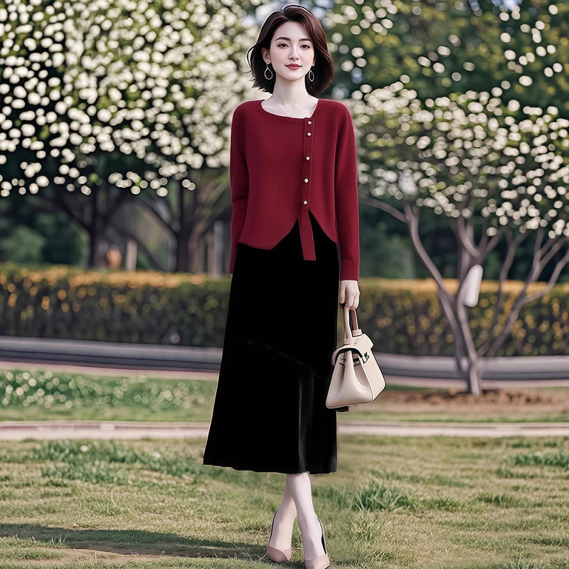 温柔套装裙2025春秋新款气质女神范毛衣搭配丝绒半身裙甜美两件套