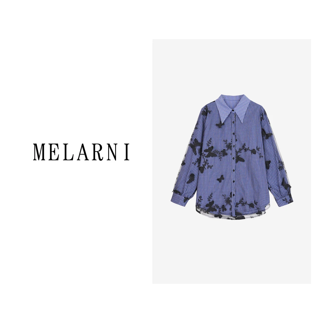 【MELARNI】蝴蝶印花查下衬衫时尚休闲百搭春季潮流梭织MLN11837