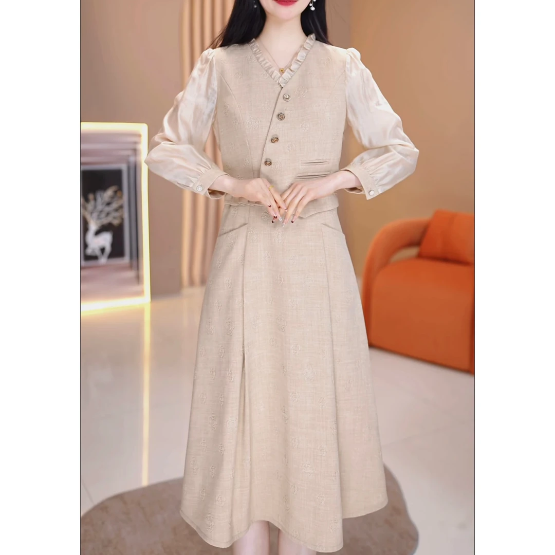 【靓锦定制】A72米杏色长袖连衣裙优雅气质减龄休闲收腰显瘦春季