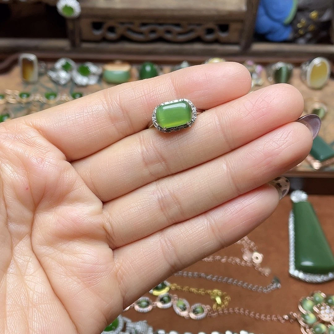 和田玉（碧玉）银S925镶嵌颈饰戒指