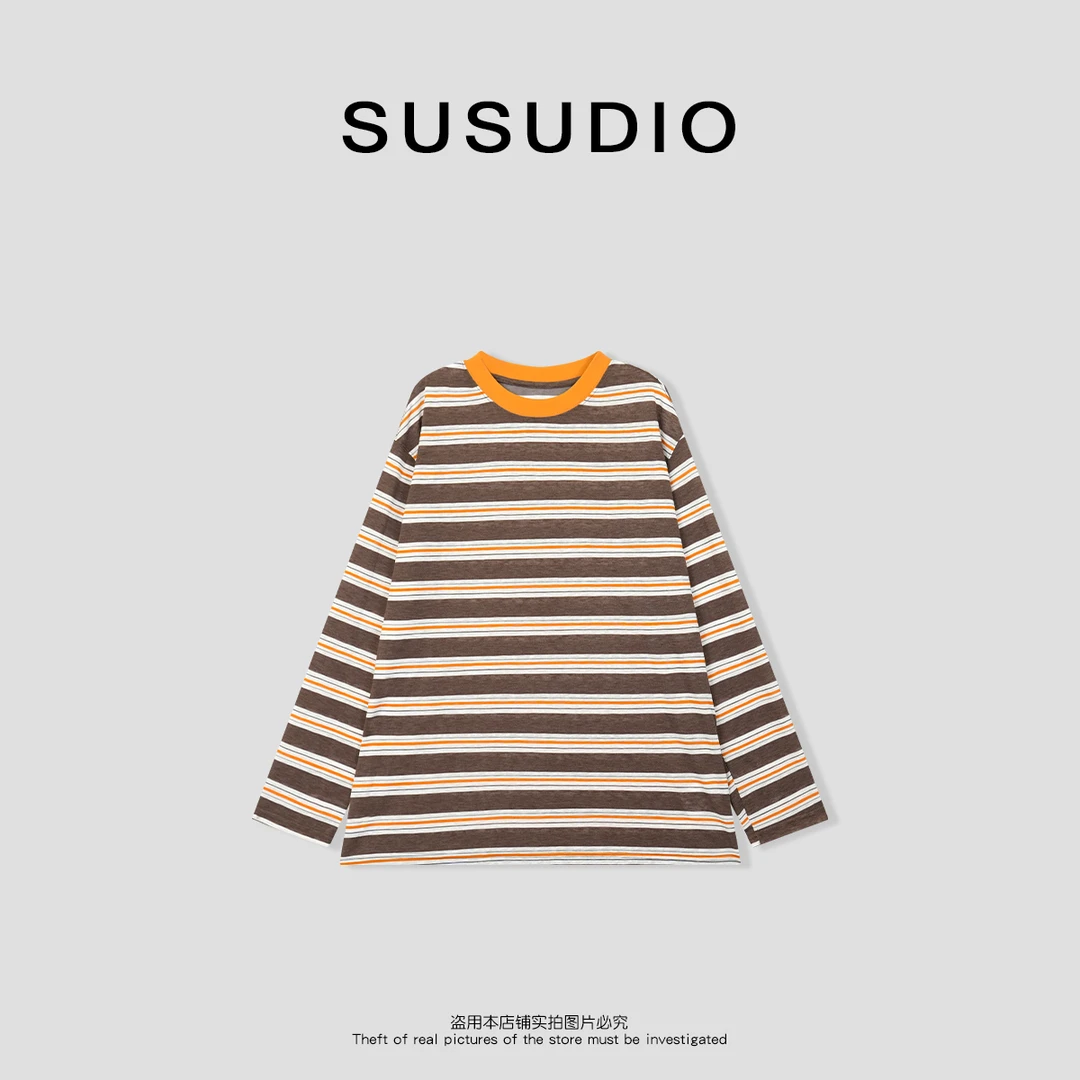 SUSUDIO③ 春季时尚休闲撞色条纹圆领长袖T恤10135