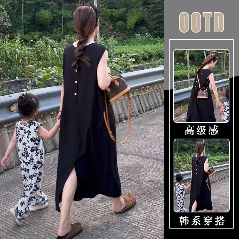 法式高级感背扣开叉无袖连衣裙女装夏季2025新款气质宽松中长裙子