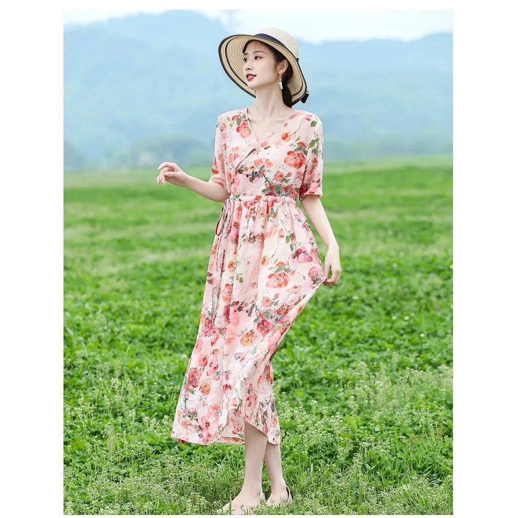 6713#连衣裙夏季新款碎花大码女装宽松显瘦大摆长裙子长款