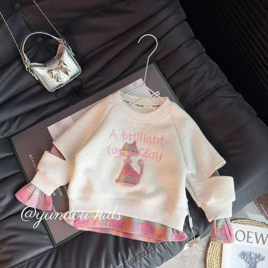 加绒加厚新款刺绣小猫女童卫衣秋冬款时尚宽松髦百搭儿童上衣