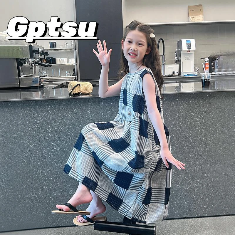 GPTSu女童洋气网红连衣裙大童时髦公主背心裙儿童长裙子2025新款