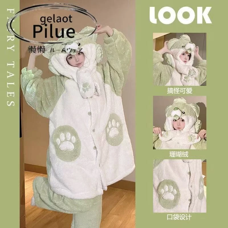 可爱系毛茸茸保暖双层夹棉加厚舒适睡衣套装