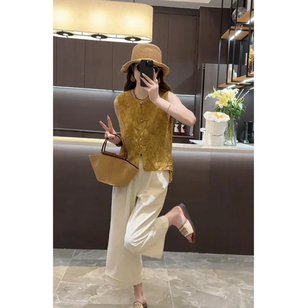 新中式气质无袖马甲女2025夏季新款国风提花薄款上衣阔腿裤两件套