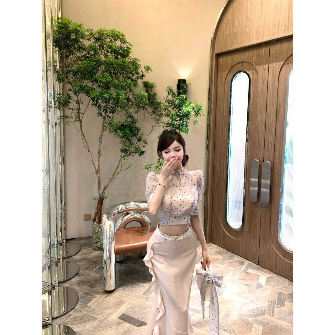 【Hello BB】清楚系法则微透纱感波点纱质蝴蝶结衬衫不规则半身裙