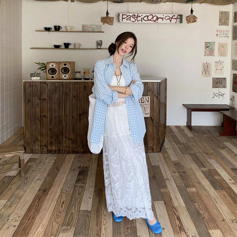 夏季新款韩版休闲风重工蕾丝拼接半身裙+蕾丝吊带格子衬衫套装女