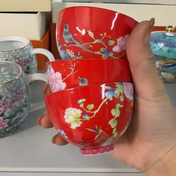 山***苗珐琅彩茶杯正红色三个一组