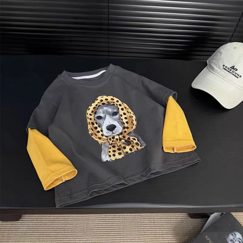 韩版童装男童t恤长袖儿童春秋装2025新款男孩假两件上衣打底衫