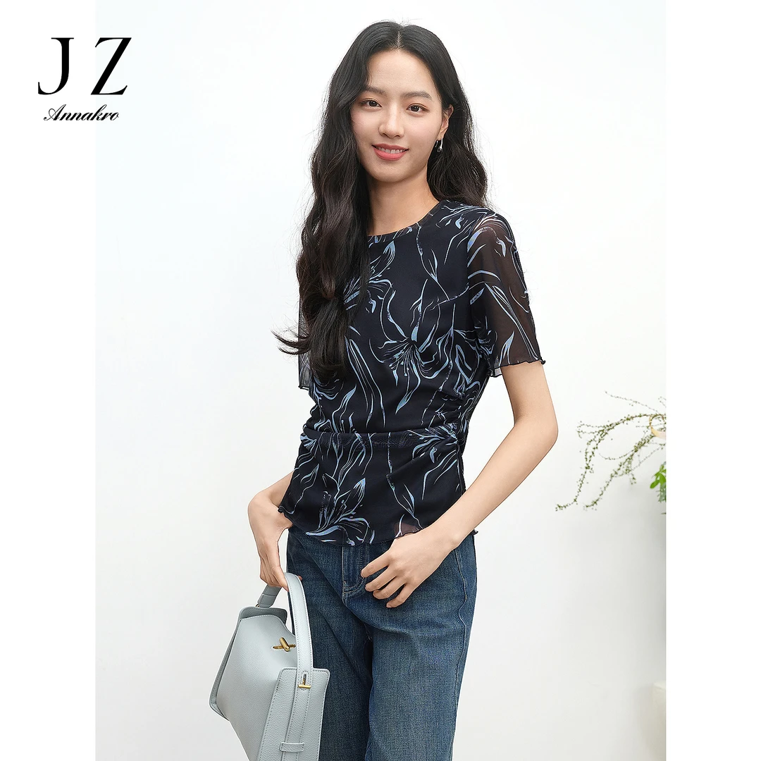JUZUI玖姿艺术感印花网纱短袖打底衫2025夏季新款JTFX80308
