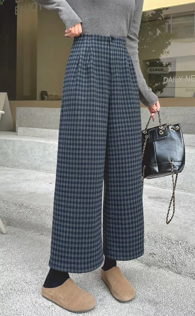 美美推荐8889奥粒绒加厚加绒格子休闲裤阔腿裤（有口袋）