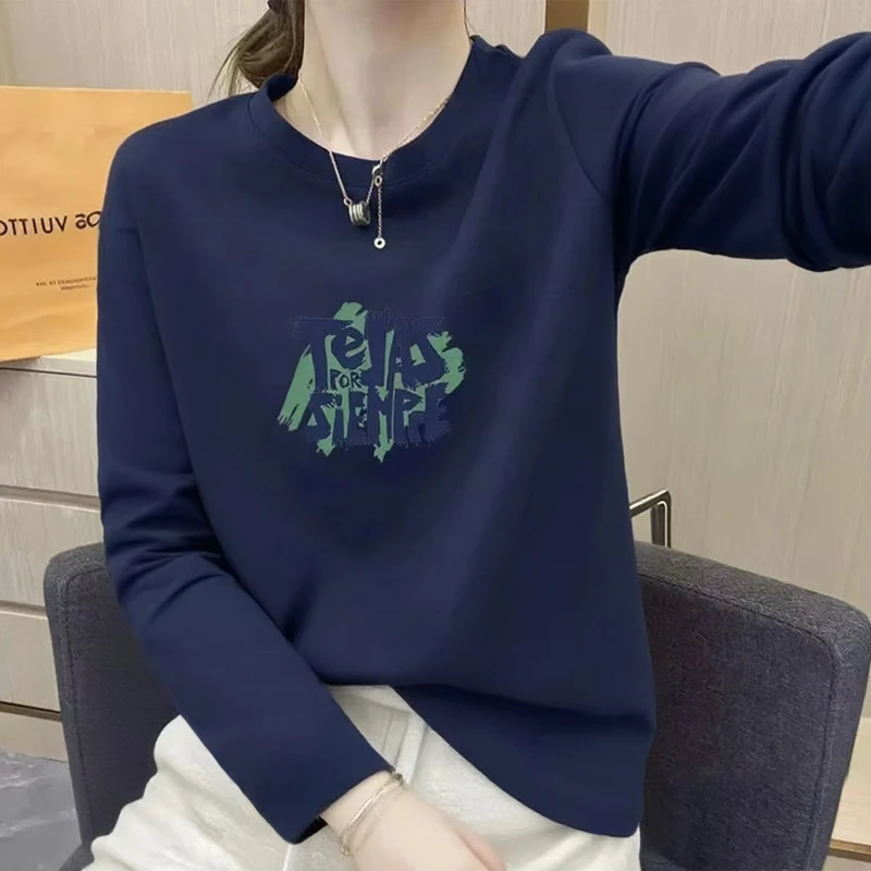 藏青色胖mm棉质T恤长袖女圆领大码ins韩版正肩运动叠穿夏季打底衫