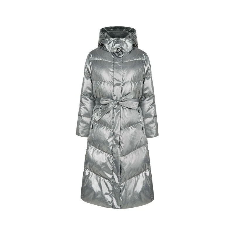 sdeer圣迪奥女装时尚休闲高领连帽收腰亮面长款羽绒服S23482402