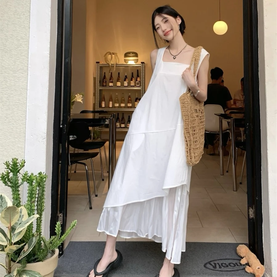 设计感假两件拼接背心连衣裙女夏季气质A字裙中长款裙子L935