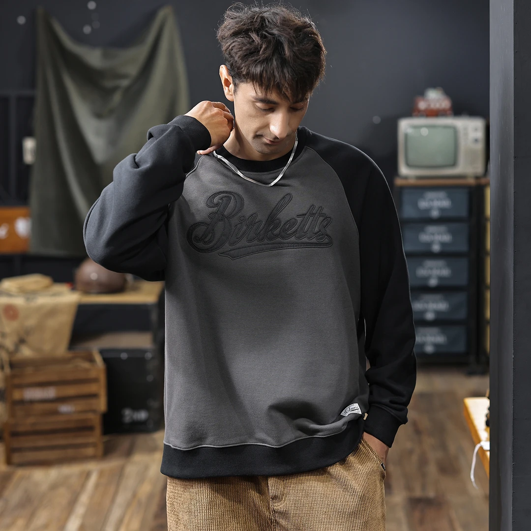 MR.MUDI/穆迪先生美式圆领卫衣男秋季新款潮牌拼接加绒保暖长袖衫