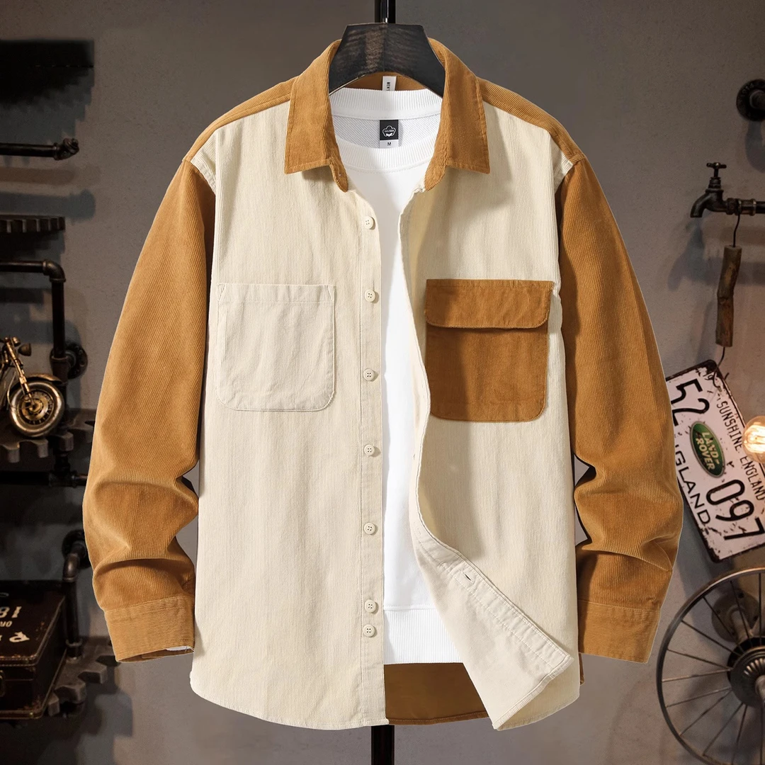 U&PURA工装休闲衬衣男青年潮流拼色长袖高端灯芯绒复古百搭衬衫