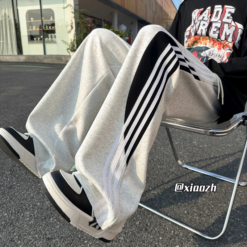 三条杠条纹拼接裤子男秋季美式高街潮流直筒宽松大码运动休闲卫裤