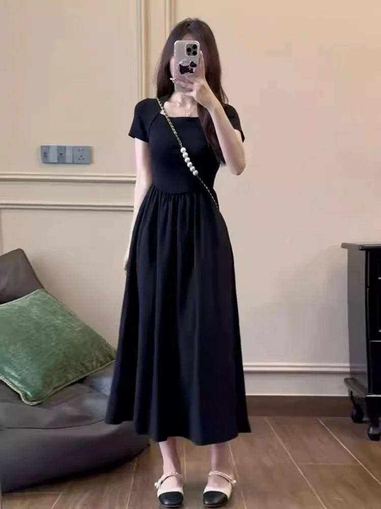 赫本风小个子法式气质方领短袖连衣裙女夏季新款高腰气质连衣裙