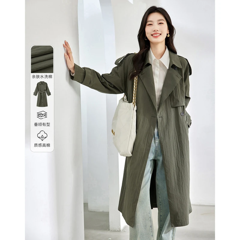 *肌理感褶皱风衣女2025年新款翻驳领H廓长款外套M8292