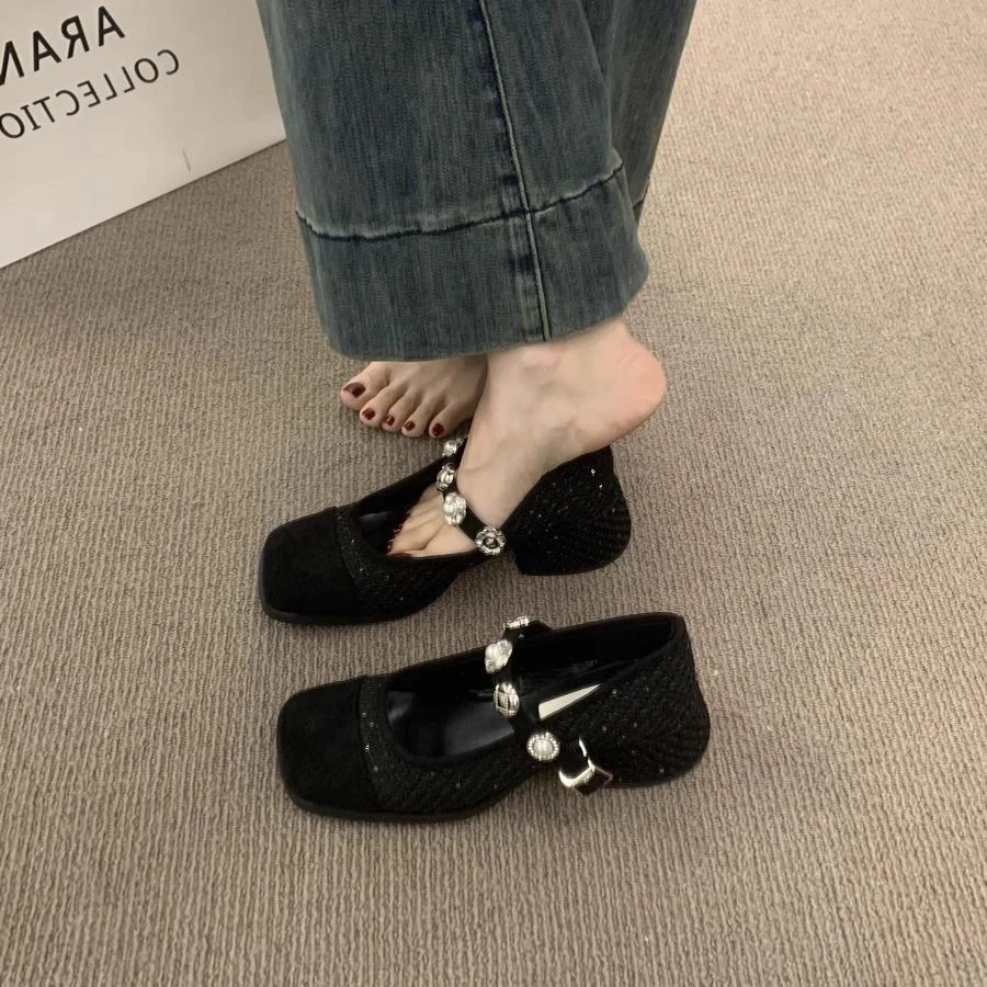 法式高级感小香风拼接方头亮片玛丽珍鞋子百搭通勤绝美粗跟单鞋女