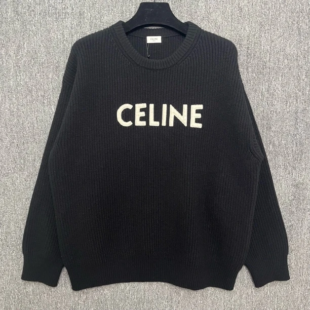 99新 Celine/思琳 Celine 刺绣logo黑色羊毛毛衣/M码/99新/12623